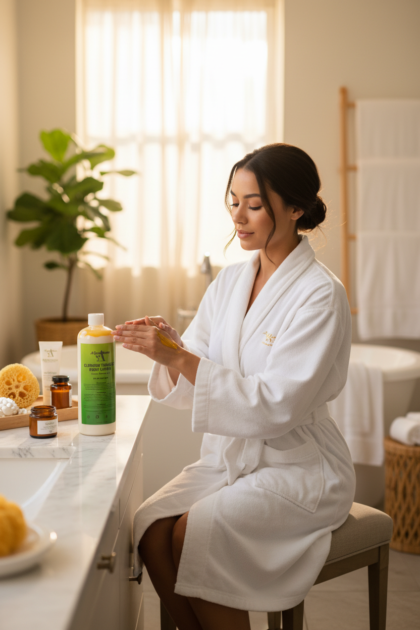Woman applying lotion in spa